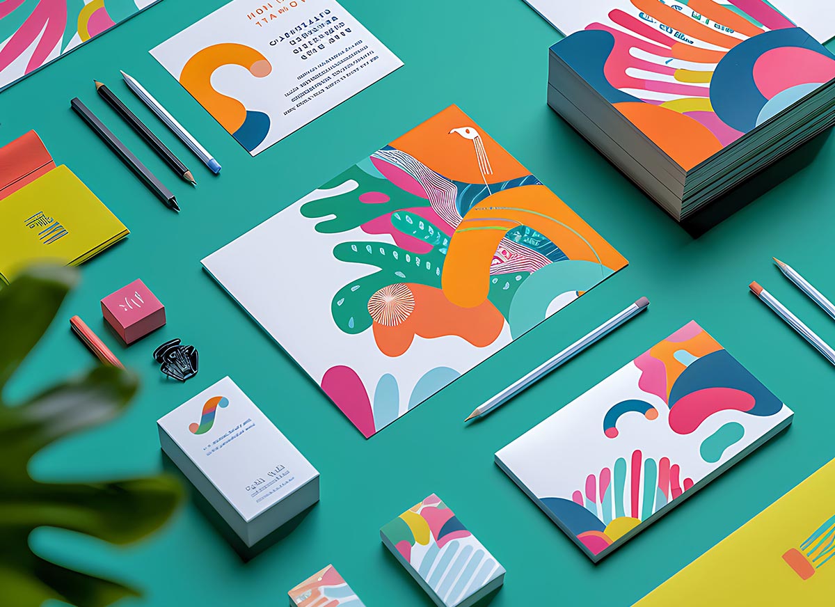 Huisstijl ontwerp toegepast op drukwerk en stationery met een kleurrijk en consistent design