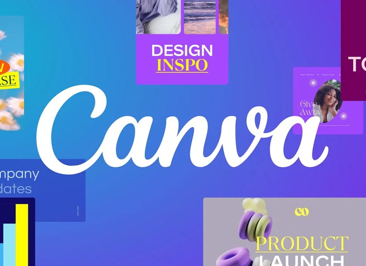 Canva interface met verschillende design templates en huisstijl voorbeelden in paars en blauw