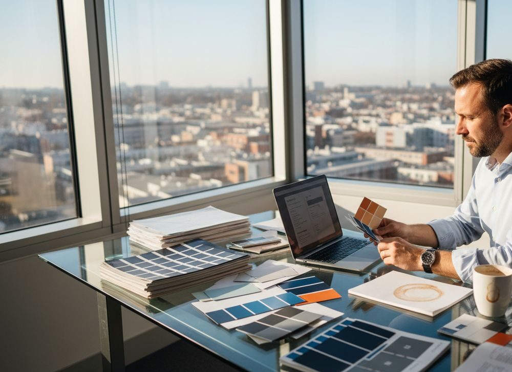 Marketing professional organiseert huisstijl voorbeelden op kantoor