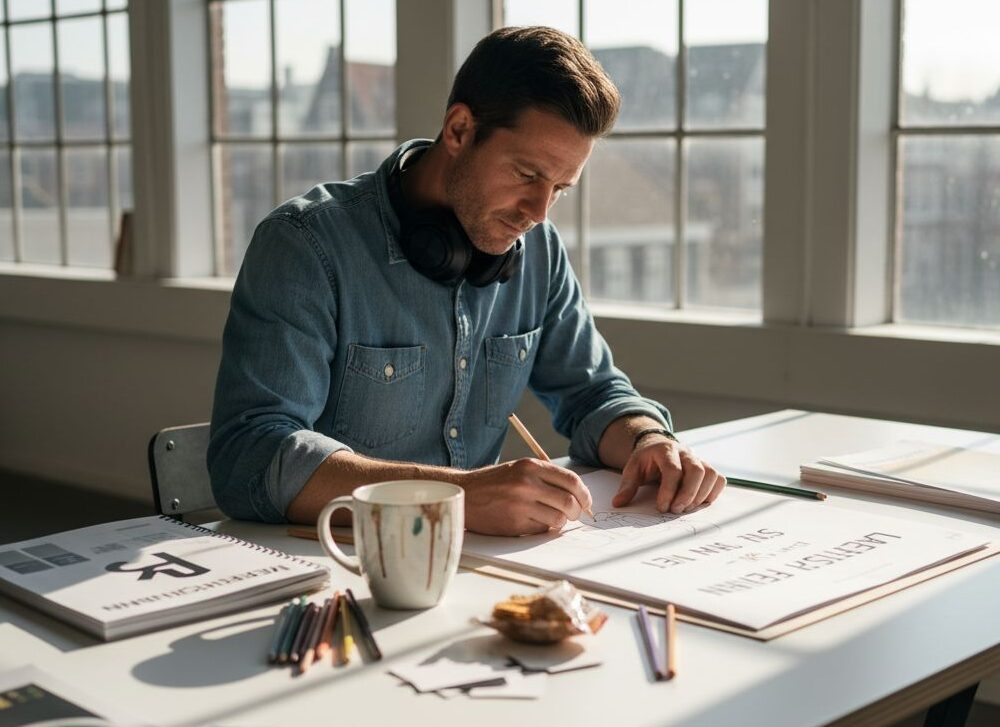 Grafisch ontwerper werk aan flyer design