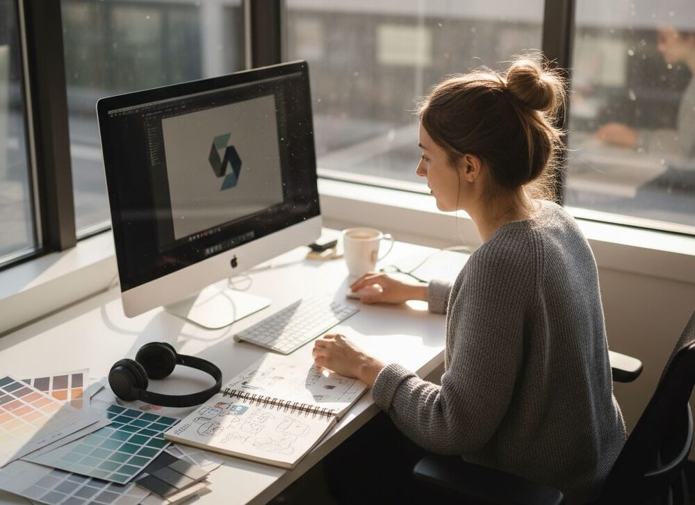 grafisch ontwerpster werkt aan complete merkuitstraling