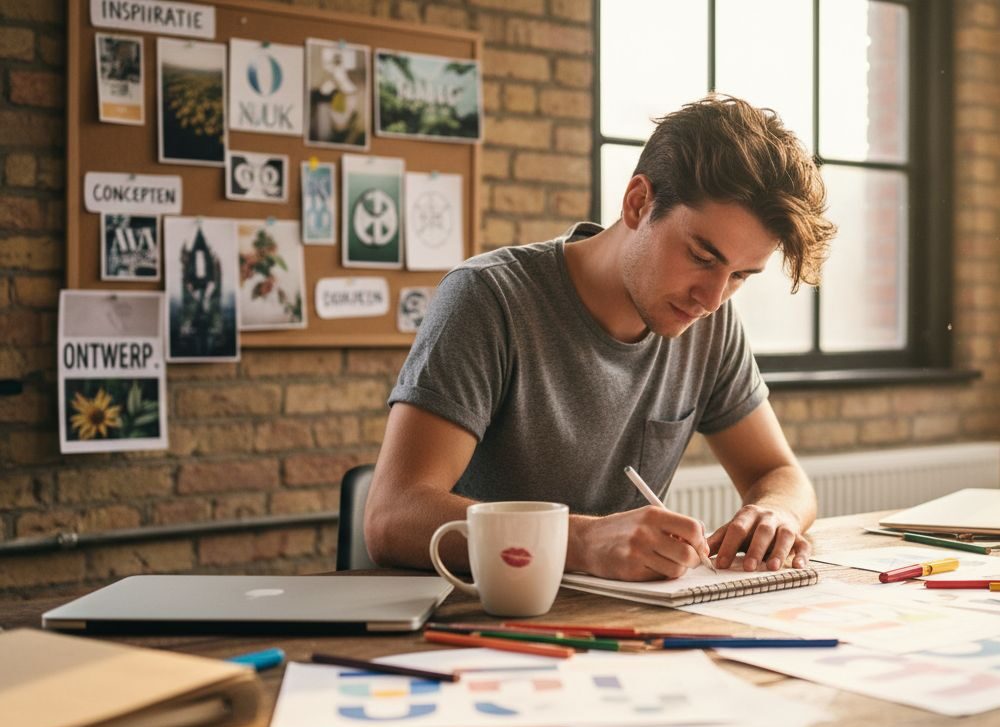 Logo ontwerper schetst logo aan bureau